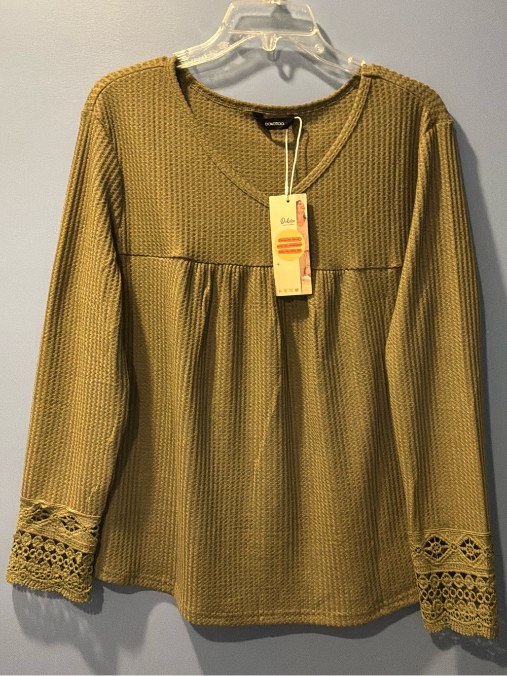 Dokotoo Olive Lace-Cuff Waffle Knit Long Sleeve Top